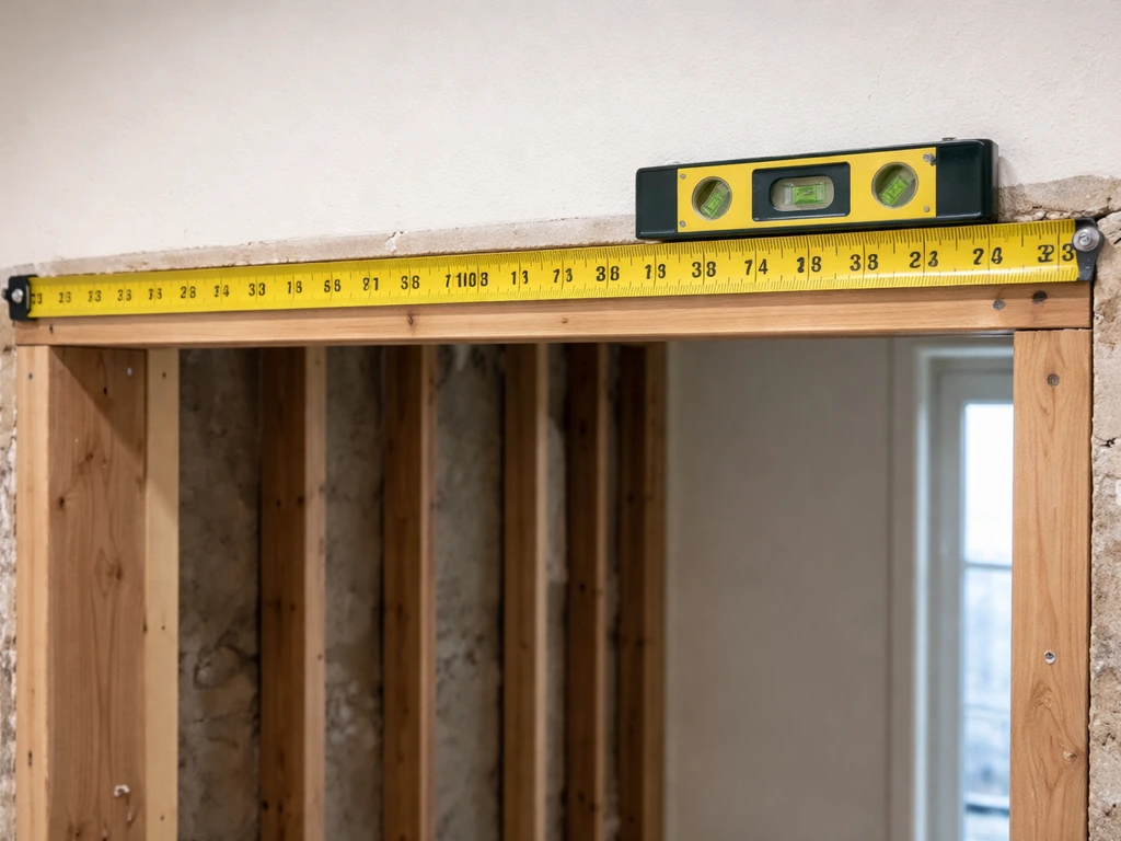 Tape measure and level placed against a framed rough opening in a wall during door installation.