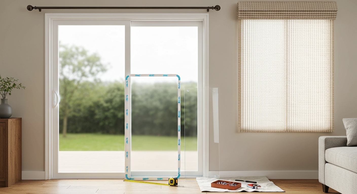 Interior view of a sliding patio door with shrink-film on one panel, a removable acrylic insert and silicone gasket nearby, EPDM weatherstrip and threshold sweep at the base, and a folded cellular curtain; tape measure and toolkit on a drop cloth.