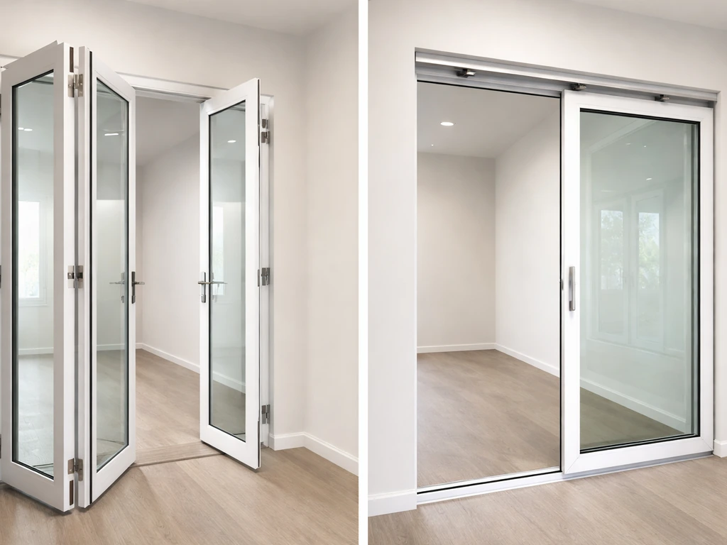 Split view showing hinged French doors and a sliding door track/rollers, both in a simple indoor setting.
