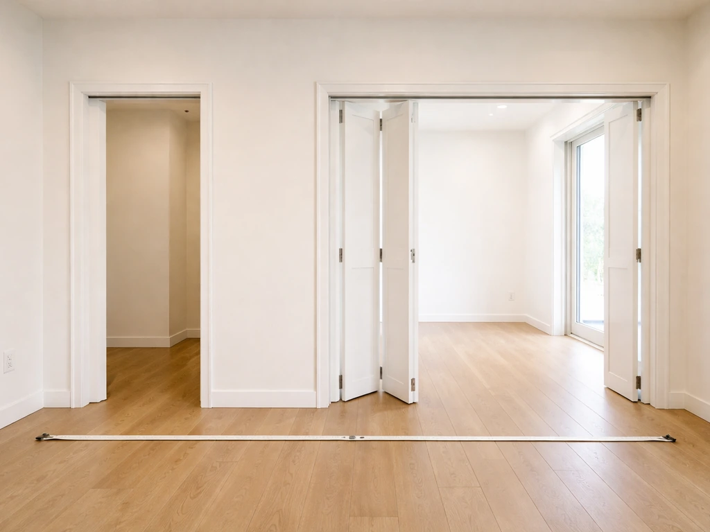 Two open doorways of different widths with a tape measure on the floor for scale in a minimal home interior