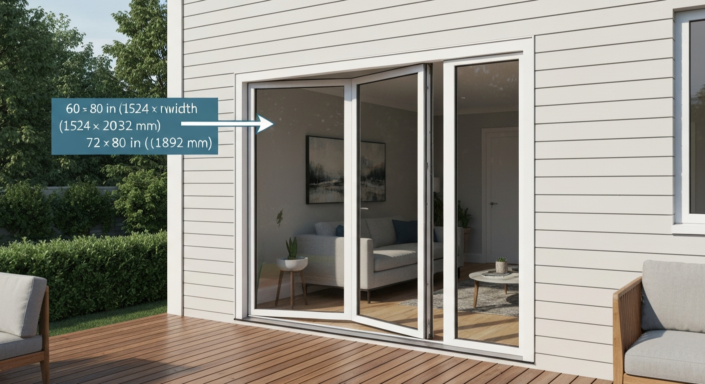 Photorealistic view of white two-panel French patio doors with overlaid dimension annotations for 60×80 and 72×80 unit sizes.