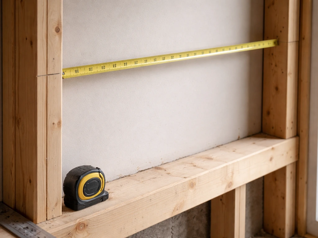 Measuring tape across an unfinished patio door rough opening, showing width and height points on framing.