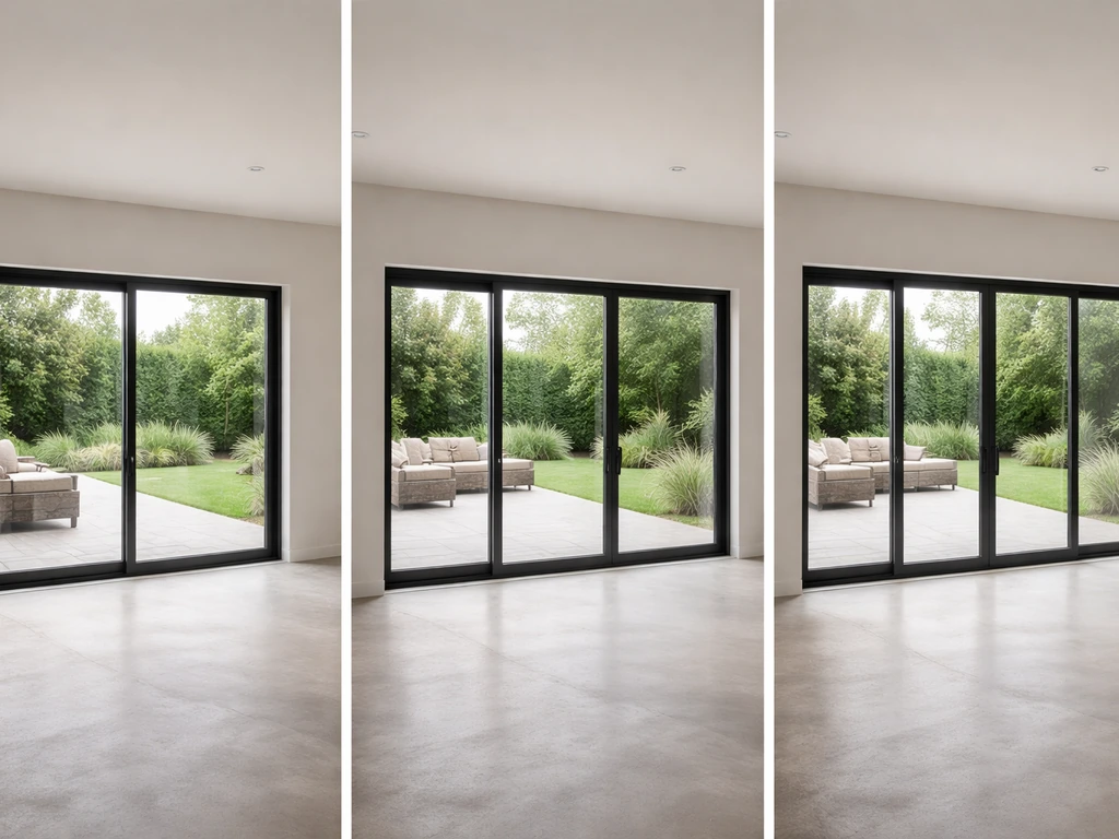 Three sliding patio door layouts with two, three, and four panels shown side-by-side in a simple room
