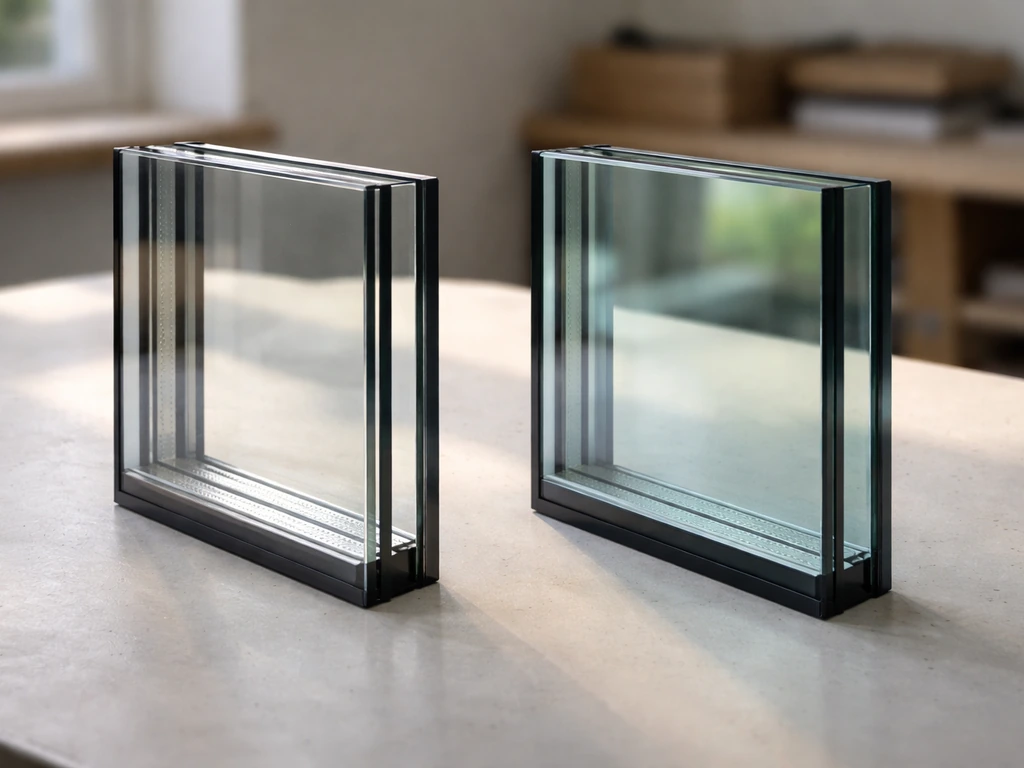 Close-up of two glass window samples: basic double-pane and low‑E insulated glass, compared side by side.