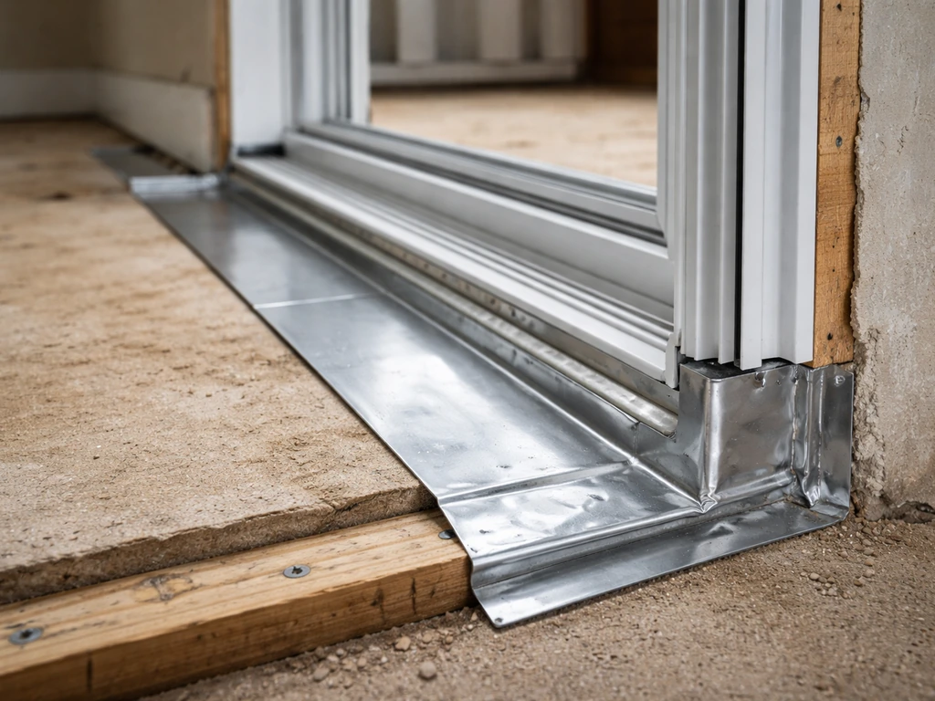 Close-up of a sliding patio door rough opening with levelled sill pan flashing and threshold alignment
