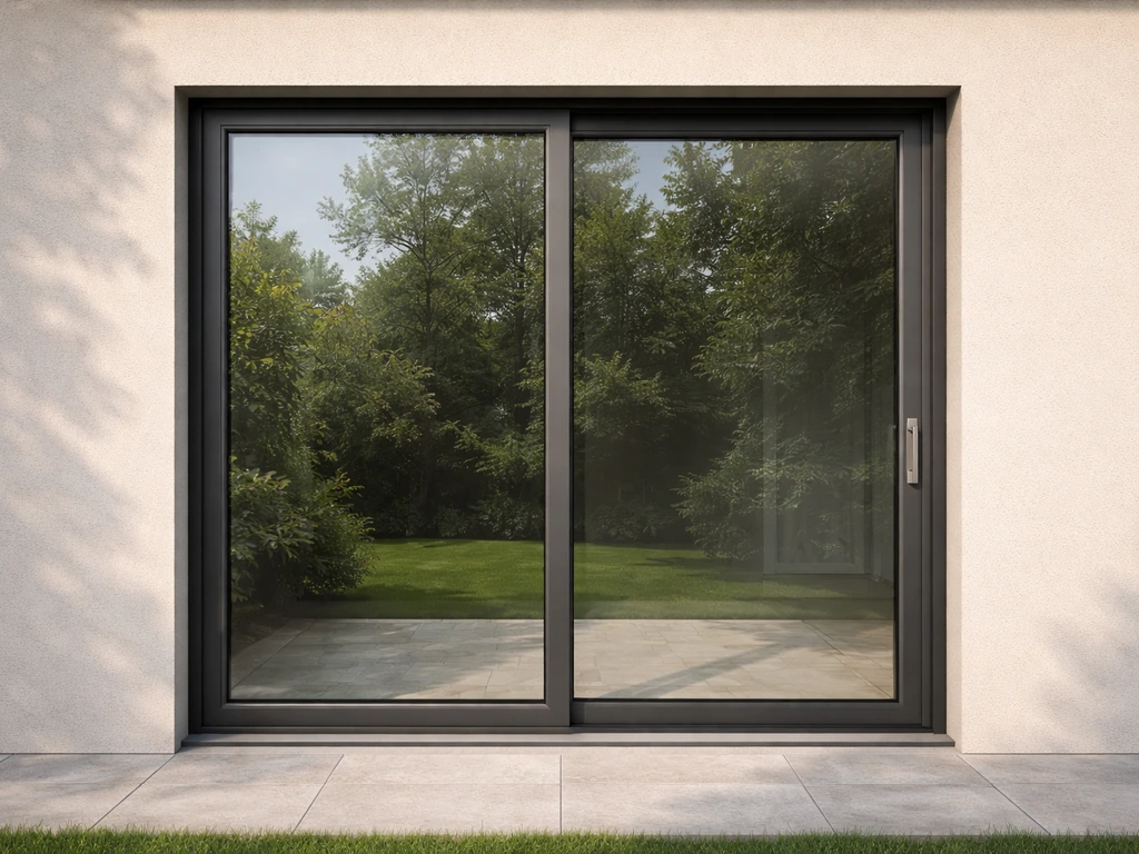 Patio door with visible frame and glass panels in front of a neutral home exterior
