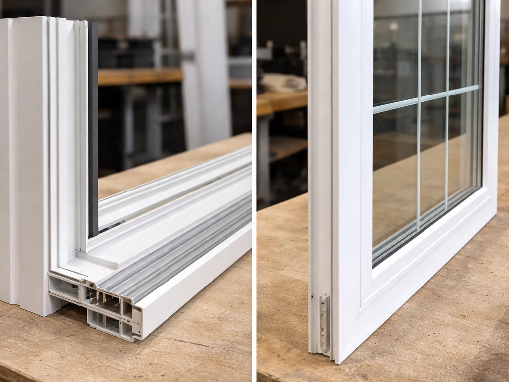 Side-by-side view of a patio door vinyl frame components and an adjacent glass unit on a workbench.