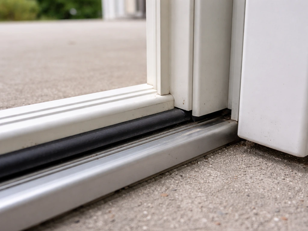 Close-up of a vinyl patio door frame with a weather seal gap suggesting expansion and contraction in extremes.