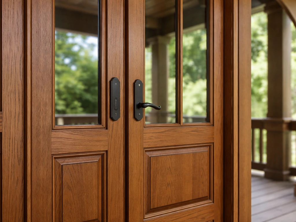 Close-up of a wood patio door showing natural grain and raised panel joinery details.