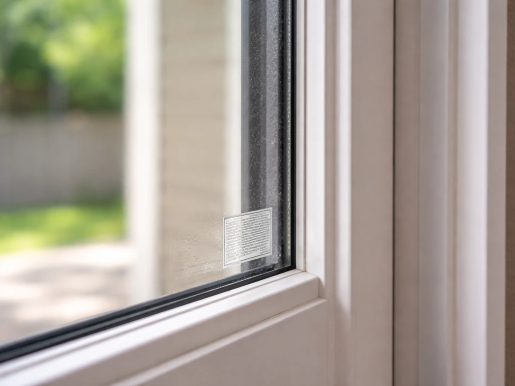 Close-up of a patio door glass edge showing an NFRC-style permanent label and etched markings