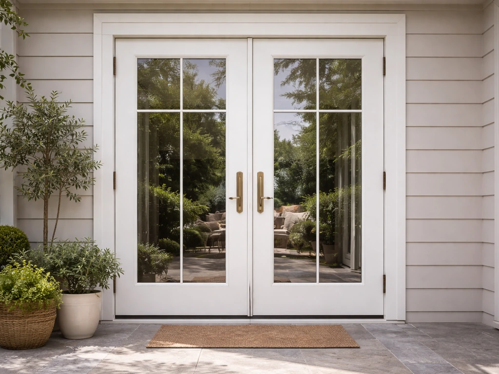 Elegant double French patio doors with large glass panels in a clean exterior entryway.