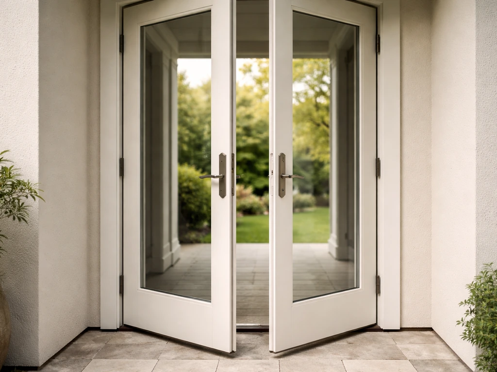 Close view of two hinged French patio door panels with a clear meeting stile and glass lites.