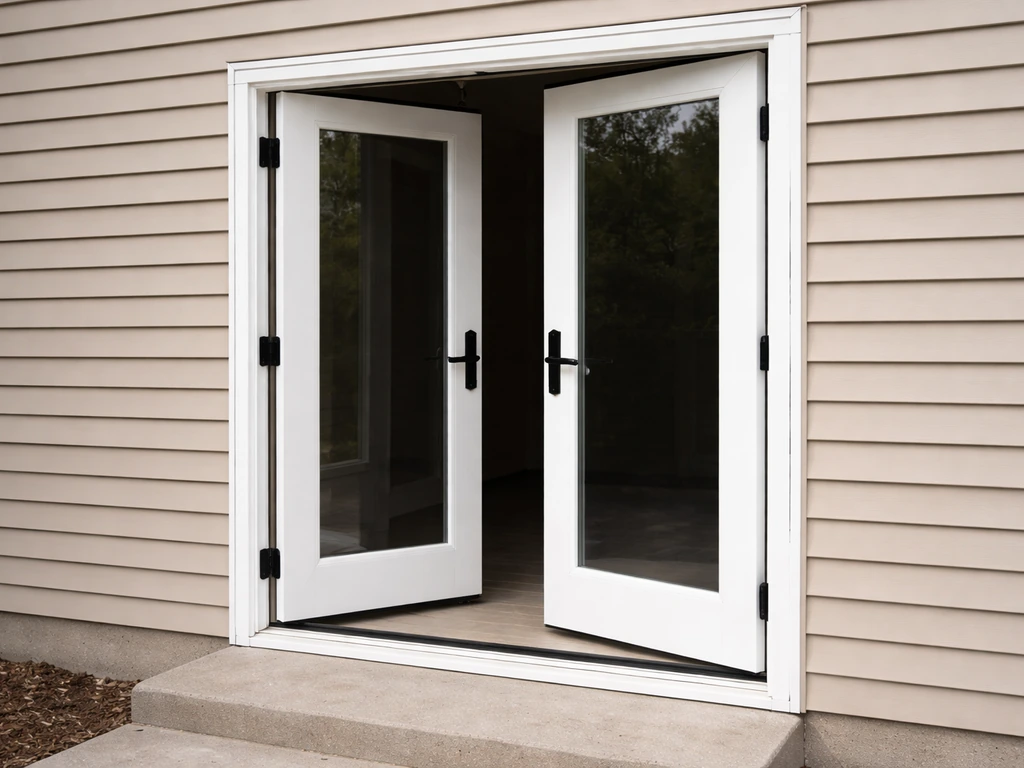 Freshly installed vinyl French patio doors with visible frame, trim, and exterior hardware at a home entry.