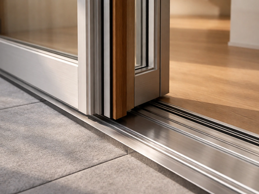 Premium French patio door open slightly, showing aluminum-clad wood frame and refined threshold detail.