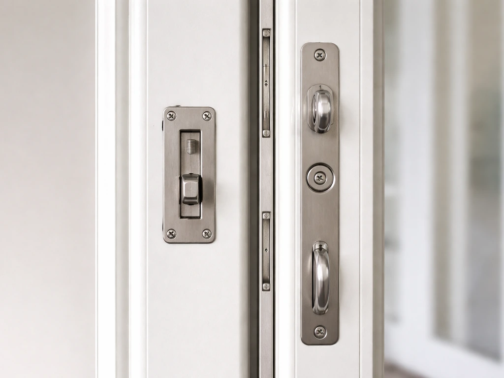 Close-up of French door center seam with flush bolt and multipoint lock hardware.