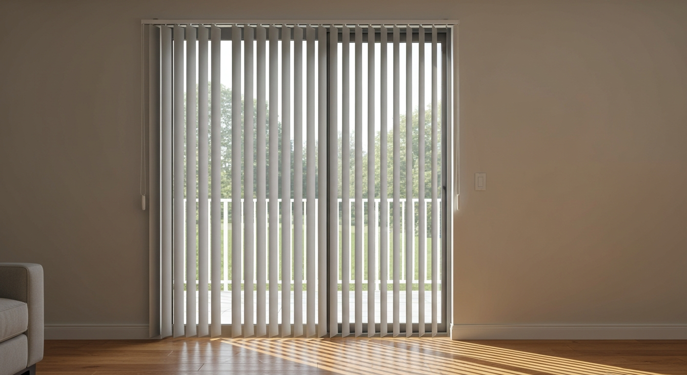 72-inch sliding patio door with light-gray vertical blinds partially open in a modern living room