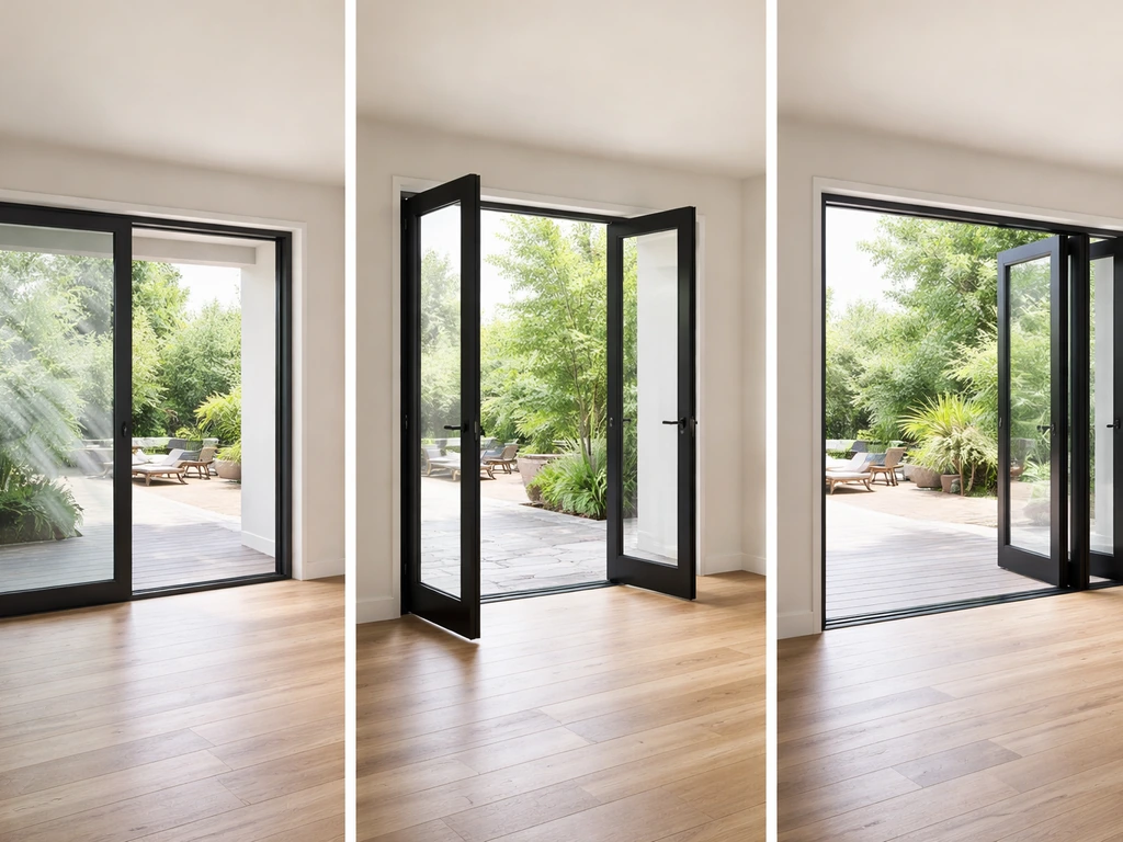 Three minimal interior vignettes showing sliding, French, and bifold glass doors with doors partially open.