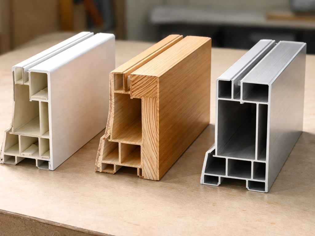 Side-by-side door frame material samples showing vinyl, wood, and aluminum with simple buildup detail.