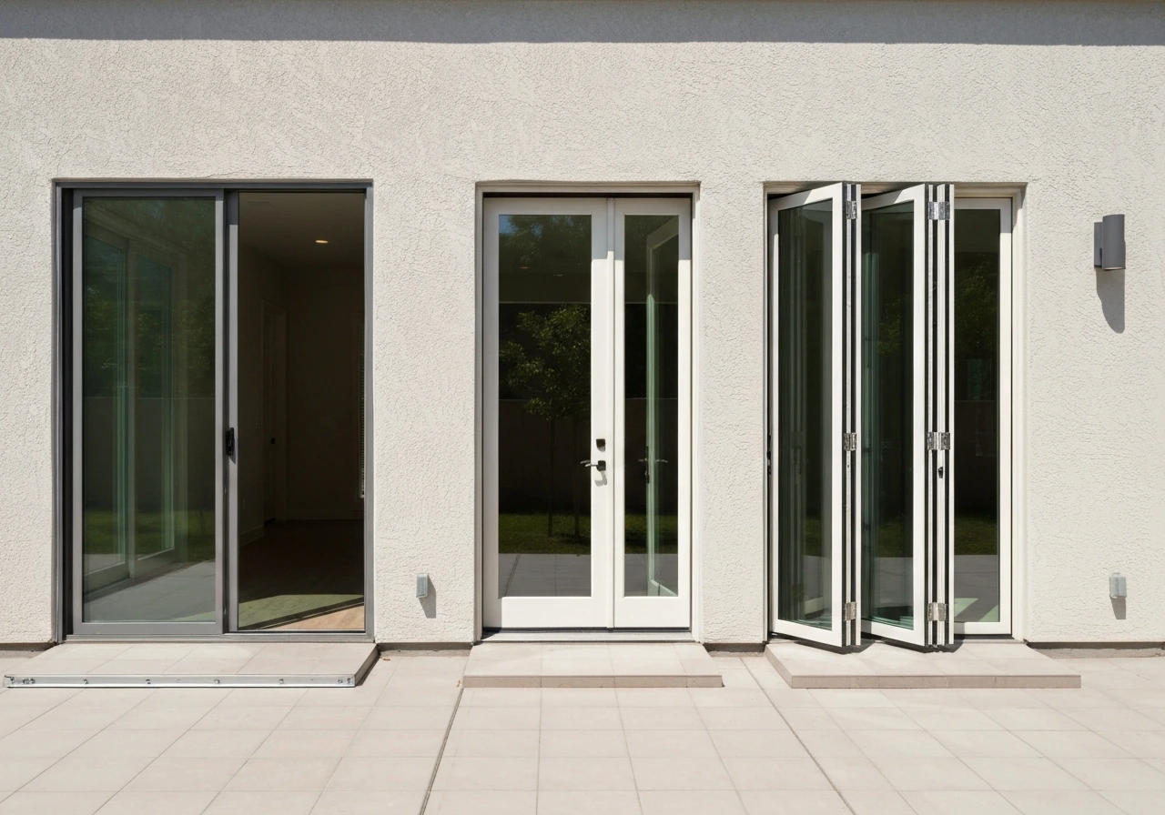Three patio door styles side-by-side—sliding, French, and bifold—shown in realistic home openings for comparison.