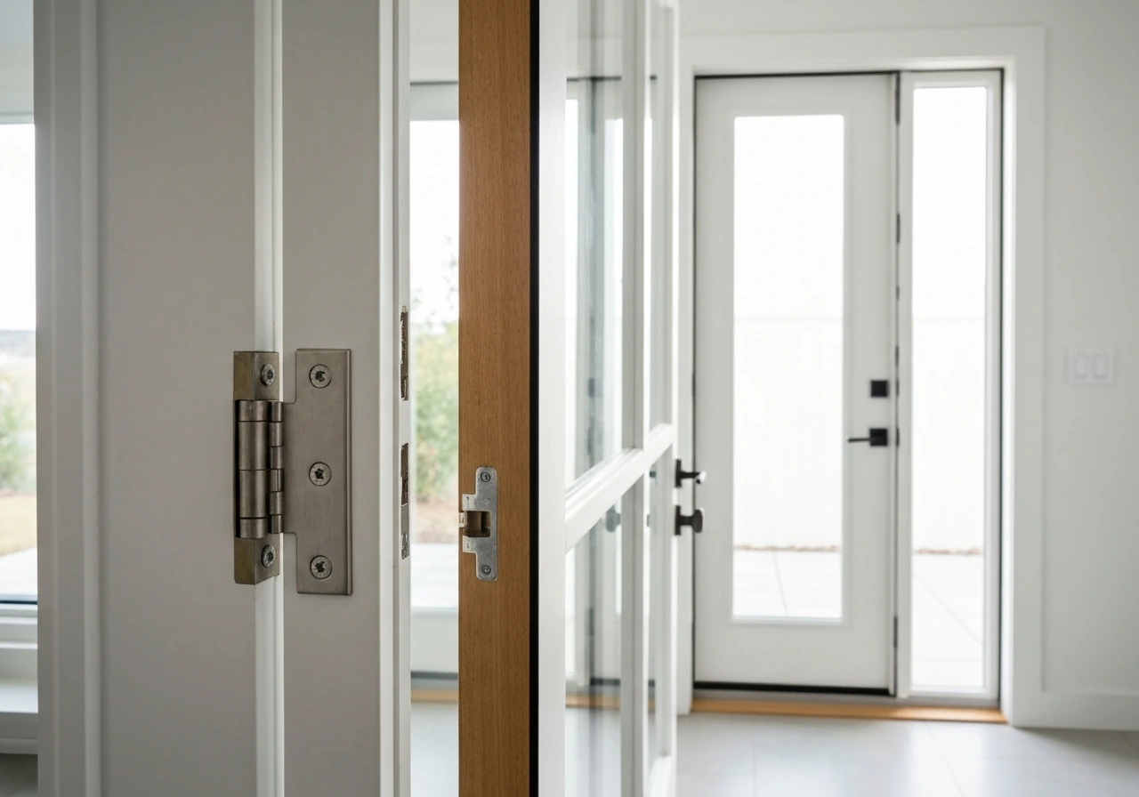 Close-up of French patio door hinges and open swing clearance with natural light spilling through.