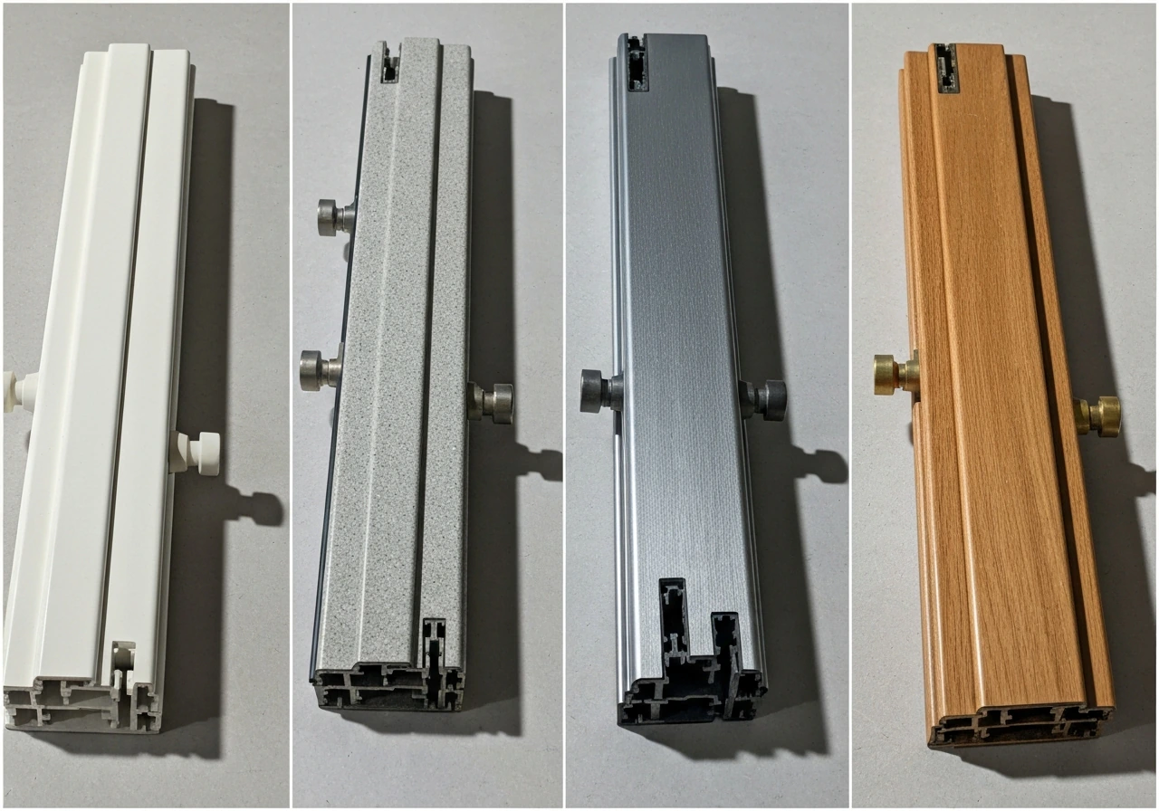 Four close-up patio door frame samples showing vinyl, fiberglass, aluminum, and wood textures and hardware finishes.