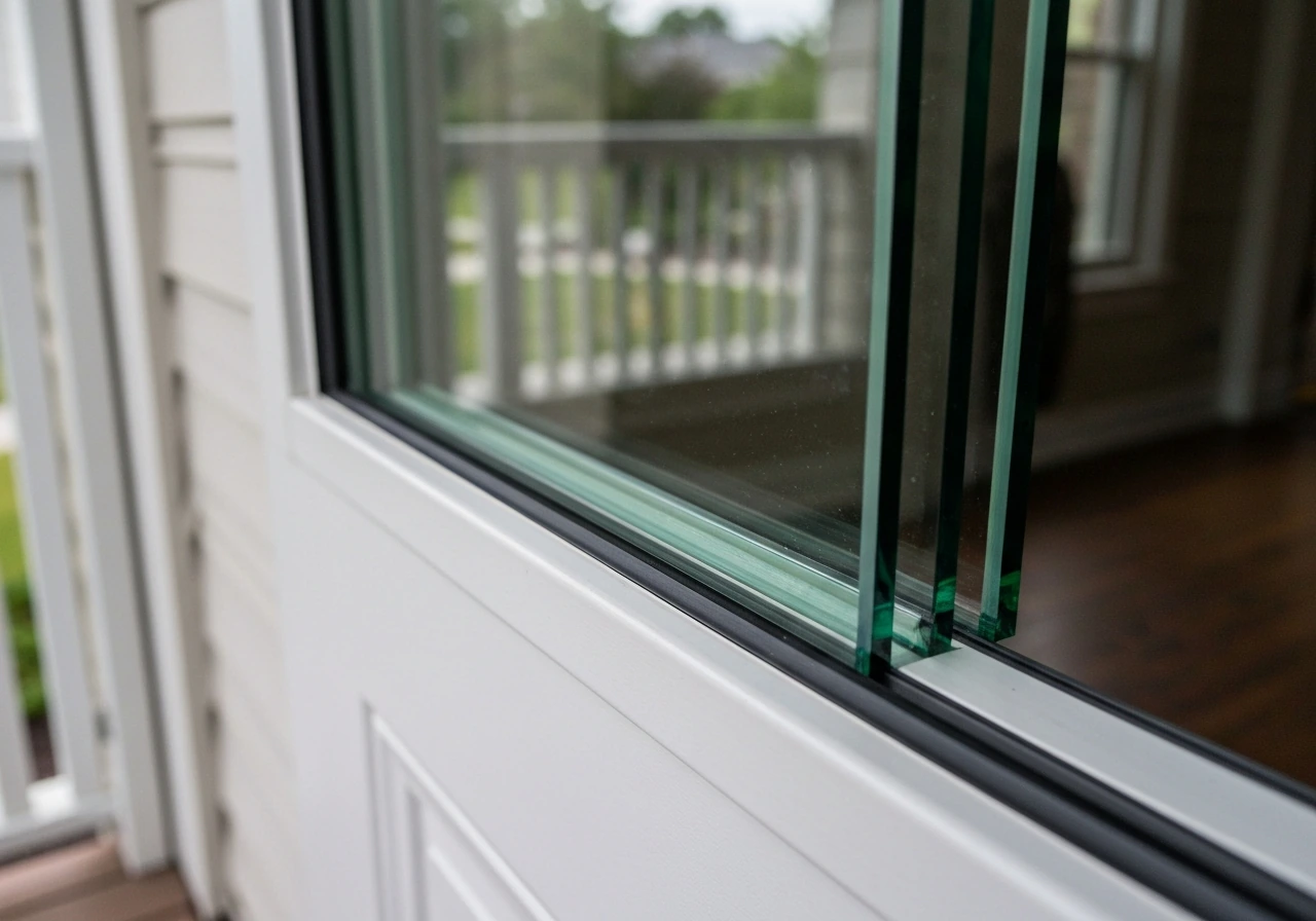 Close-up of a sealed dual-pane glass unit with low-E look beside a door frame edge in natural light.