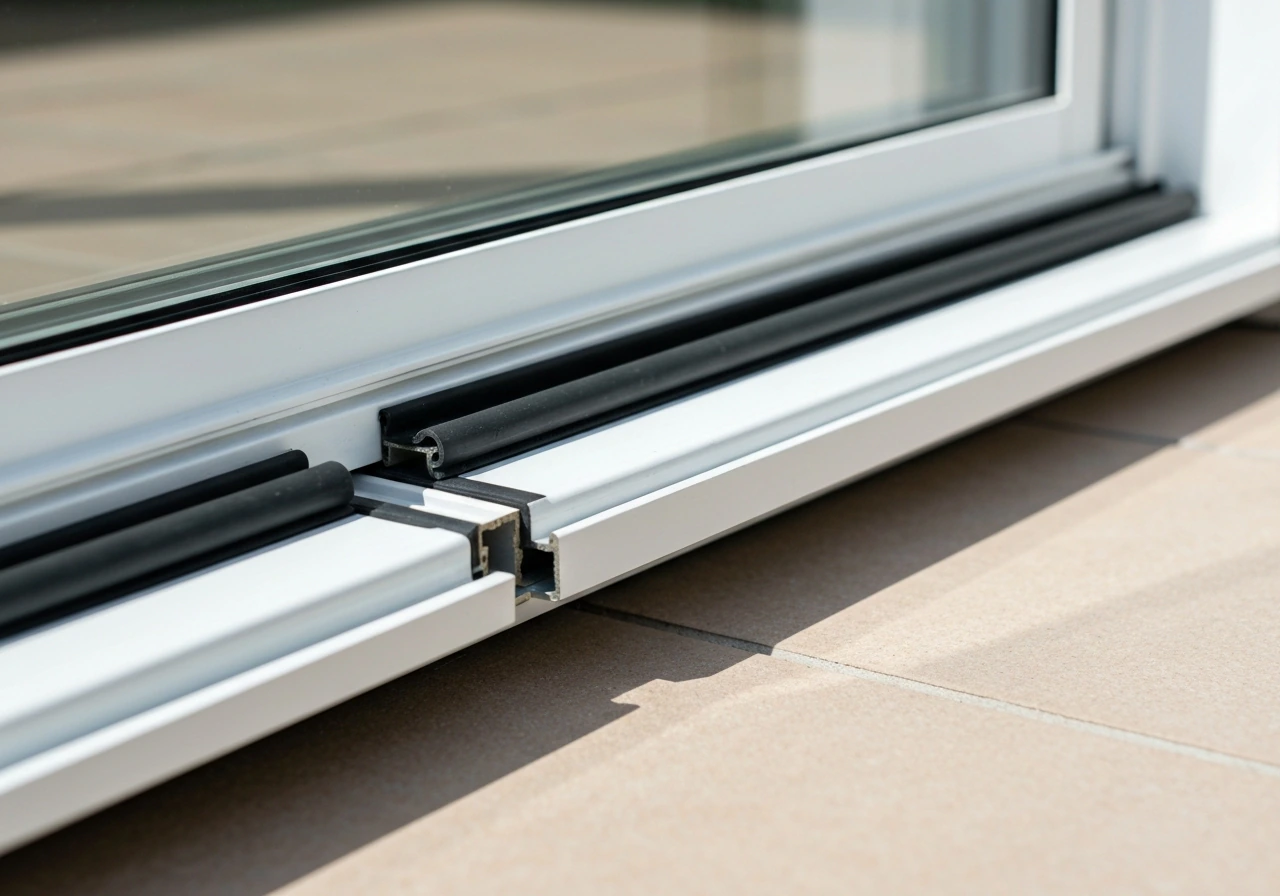 Close-up of patio door threshold and weatherstripping sealing surfaces reducing drafts and water leaks