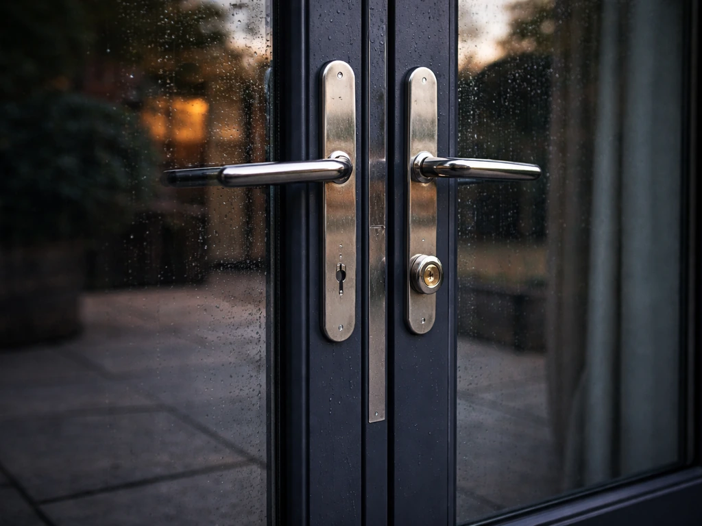French patio door exterior with visible multipoint-style lock hardware, emphasizing secure fit and weather durability.