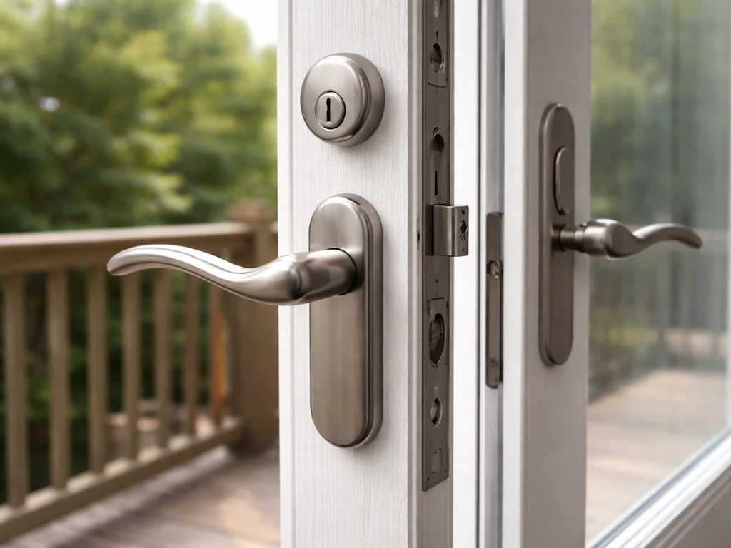 Close-up of a French patio door leaf lock hardware with handle and deadbolt details visible