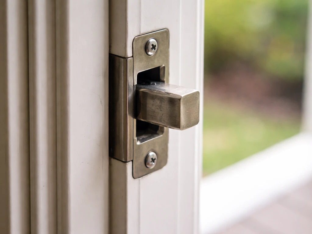 French patio door deadbolt slightly misaligned with the strike plate, showing incomplete engagement.