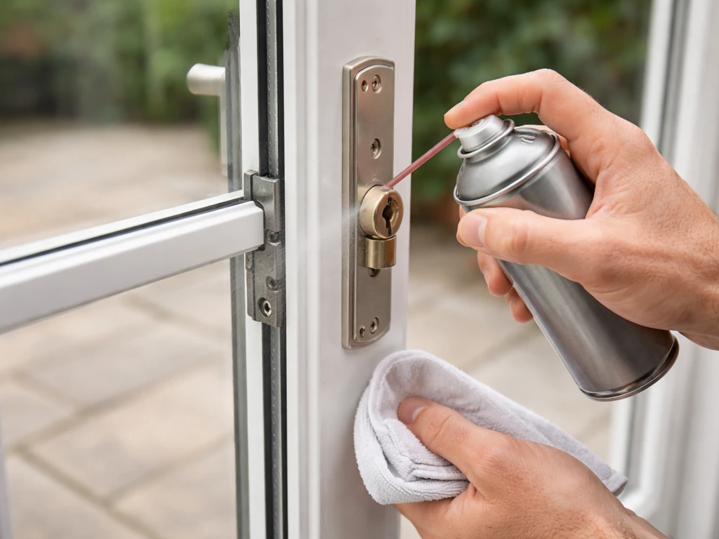 Hands applying a dry PTFE lubricant to an outdoor patio door lock mechanism with a clean, minimal workspace.