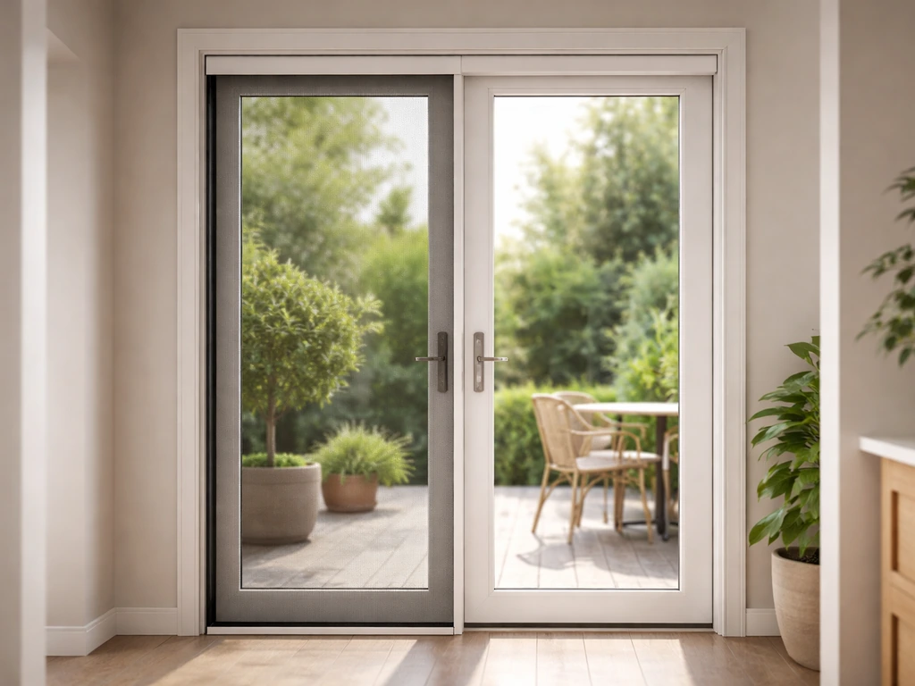 French patio doors with a partially installed insect screen in the opening, showing screen track details.