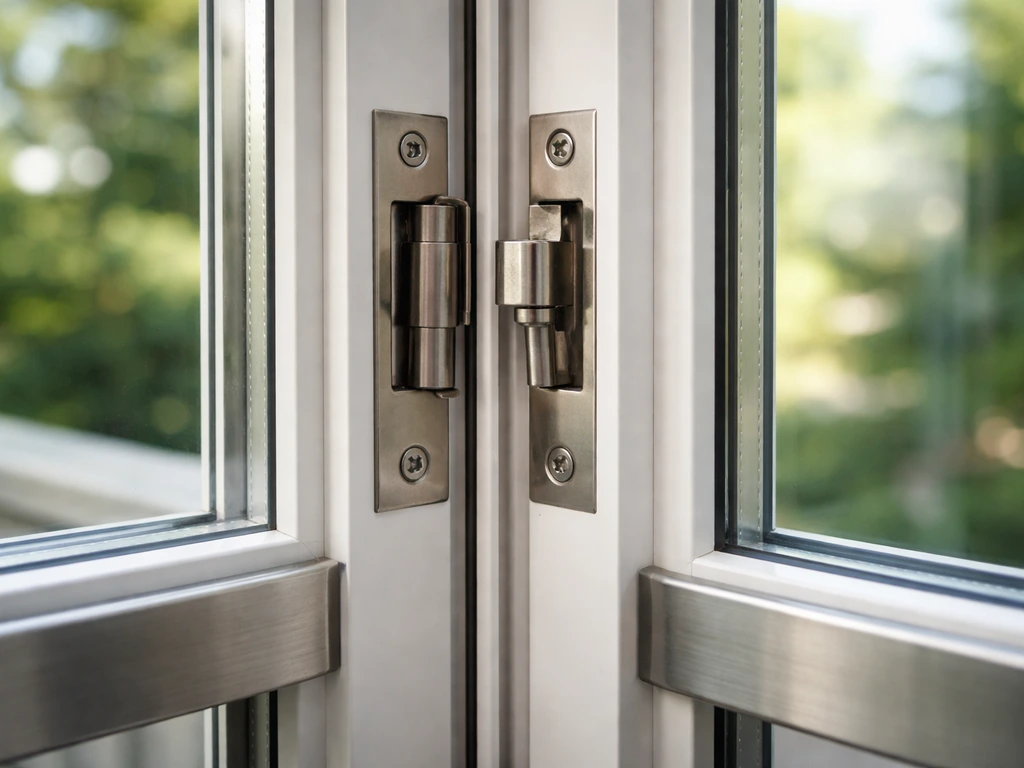 Close-up of French patio door hinge and frame hardware where a screen track isn’t present.