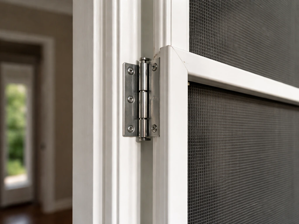 Hinged insect screen panel installed on a French door, kerf slot visible and screen swung outward.