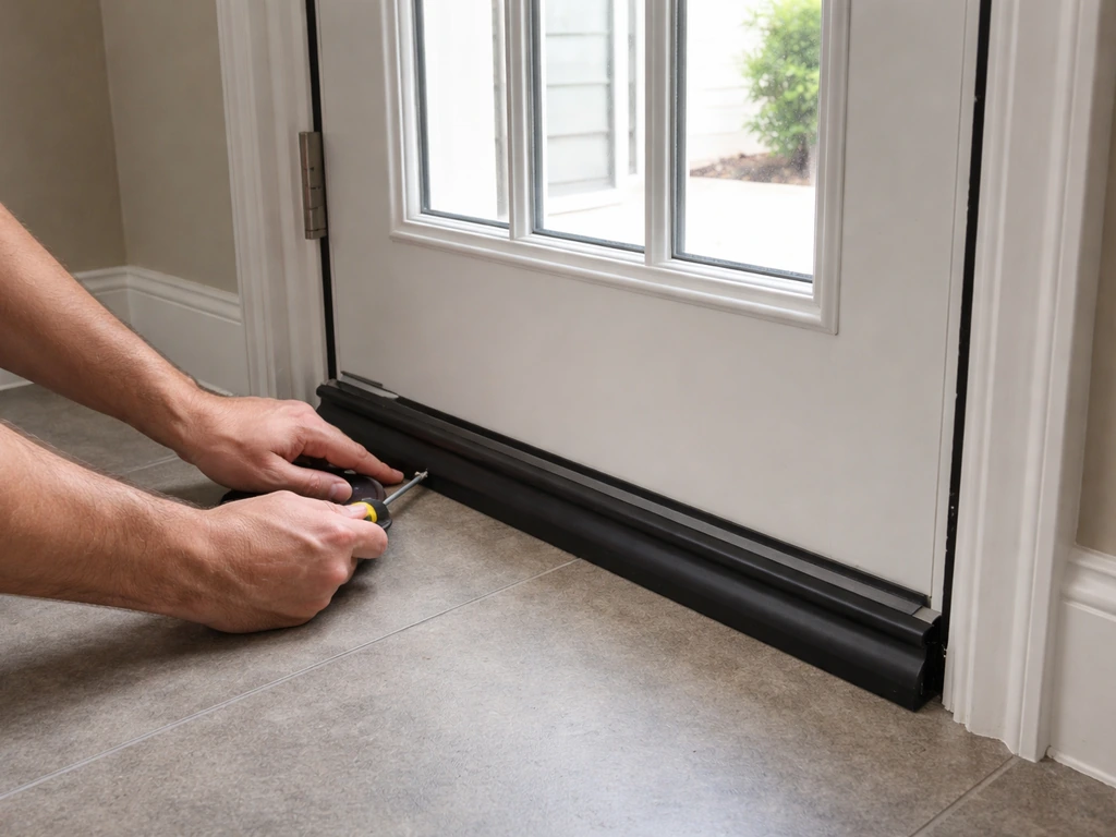 Close-up of a French door with weatherstripping and a door sweep being installed to seal the gaps.