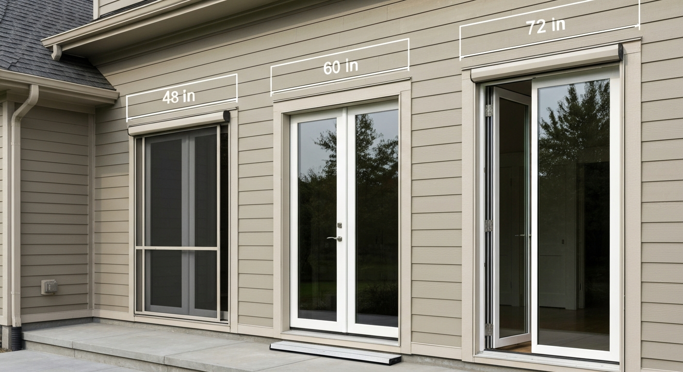 Exterior view of three French patio door units (48", 60", 72") side-by-side with measurement labels above each unit, one panel of the 72" unit open to show the clear opening.