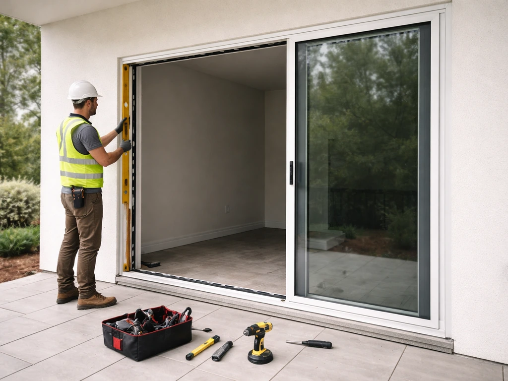 Contractor installing a patio sliding window/door on a modern home exterior