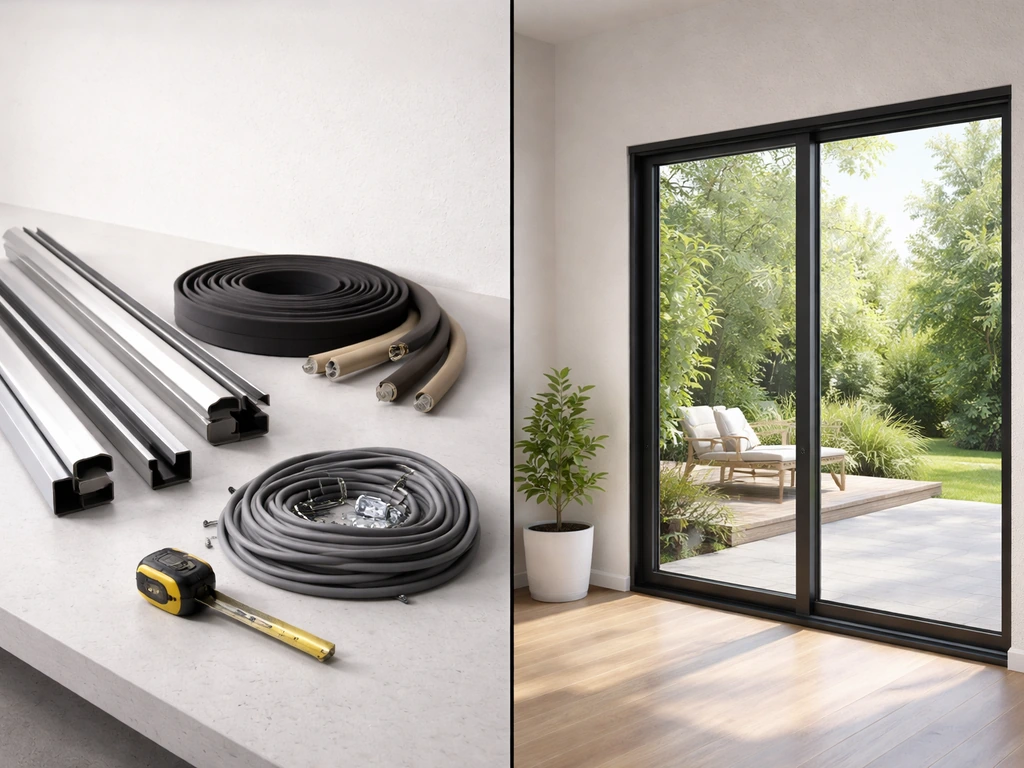 Split view showing patio door materials versus installed cost options with simple materials and a closed door