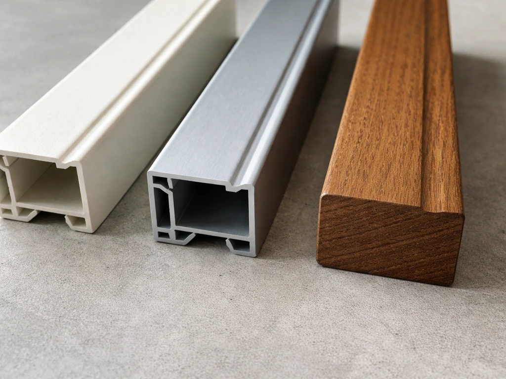 Close-up comparison of vinyl, aluminum, and wood window frame materials showing texture and color differences