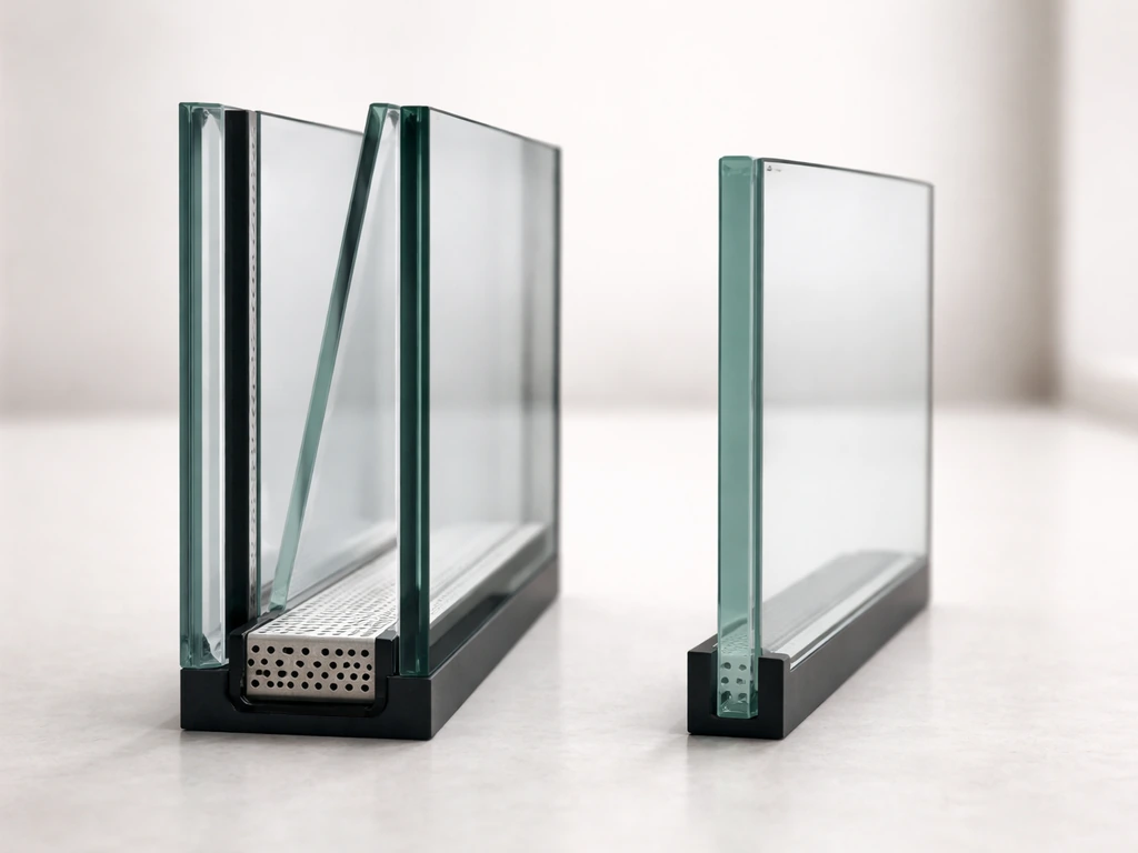 Minimal photorealistic side-by-side cross-sections of single-pane and dual-pane insulating glass with a spacer.