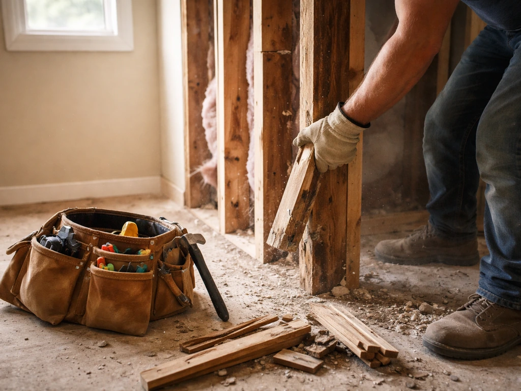 Hands removing old wall framing inside a room, preparing the rough opening for flashing work.
