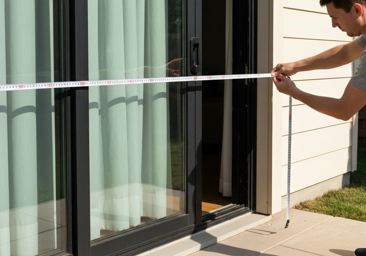 Homeowner measuring a sliding patio door opening with a tape measure outdoors.