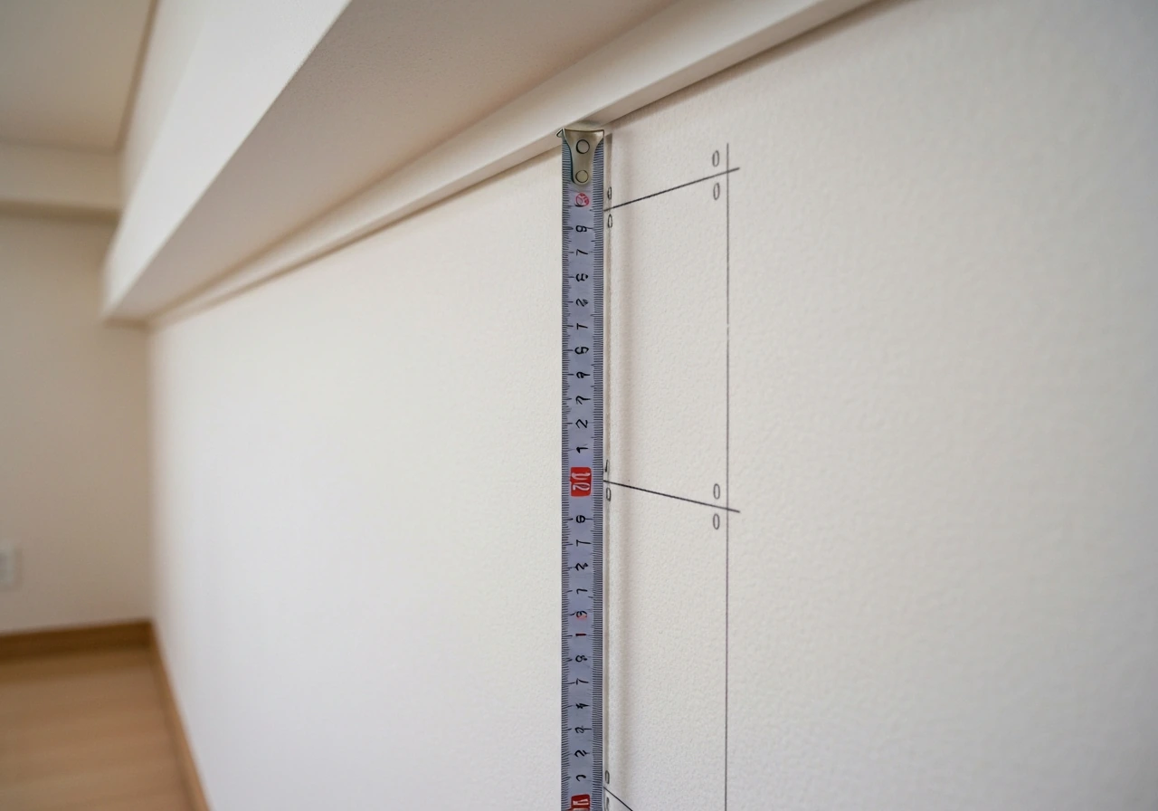 Measuring tape held at planned curtain rod height, measuring straight down to the floor.