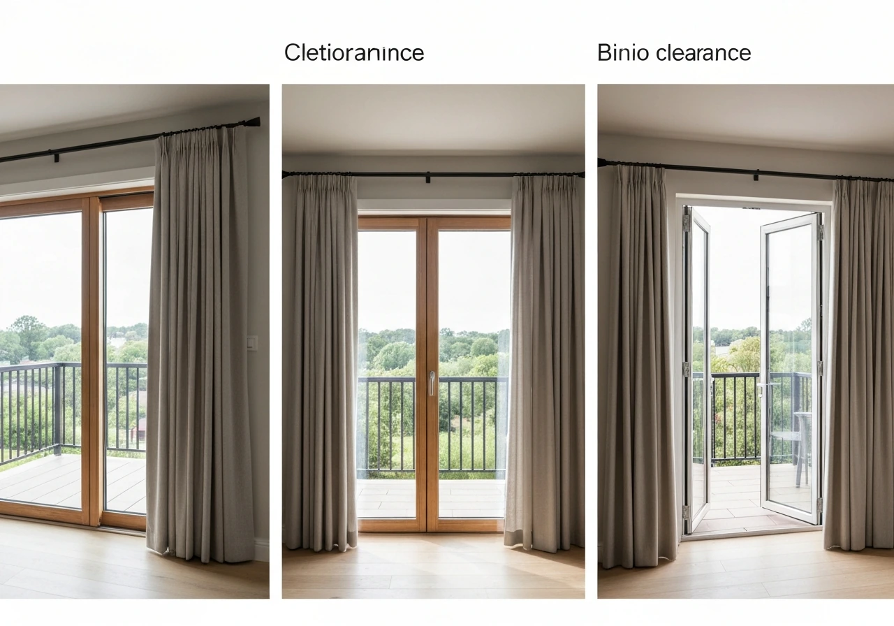 Three side-by-side patio door types showing matching curtain setups for sliding, French, and bifold doors.