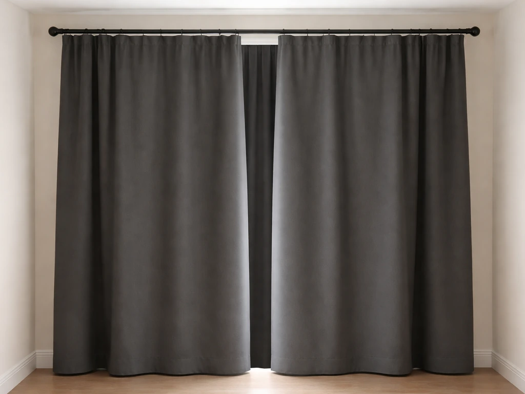 Closed overlapping curtain panels on a window with extended rod ends and a light-blocking top gap.