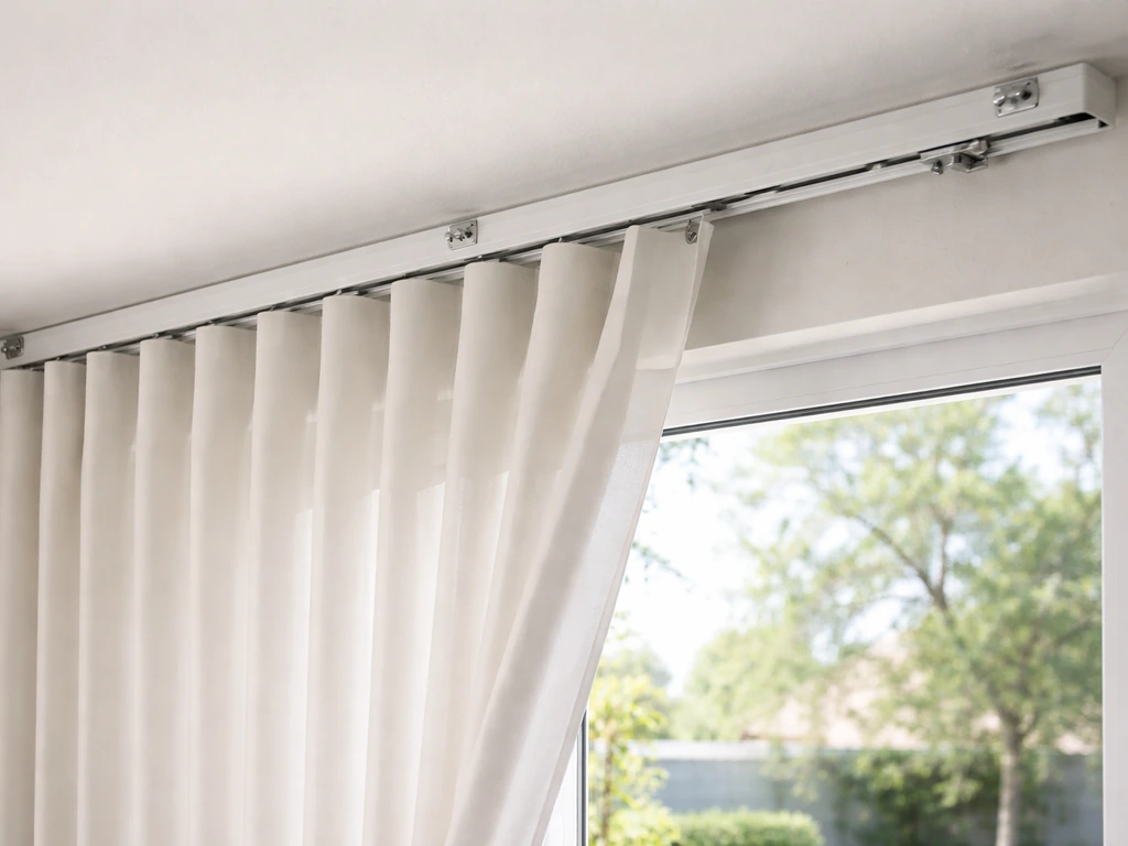 Ceiling-mounted curtain track above a patio door with ripple-fold panels gliding smoothly.