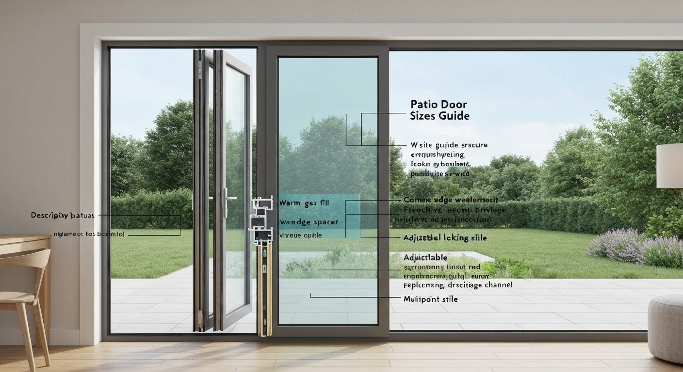 Photorealistic cutaway of a modern insulated patio door showing multi‑pane glass, gas fill, warm‑edge spacer, fiberglass frame, weatherstrip, and threshold.