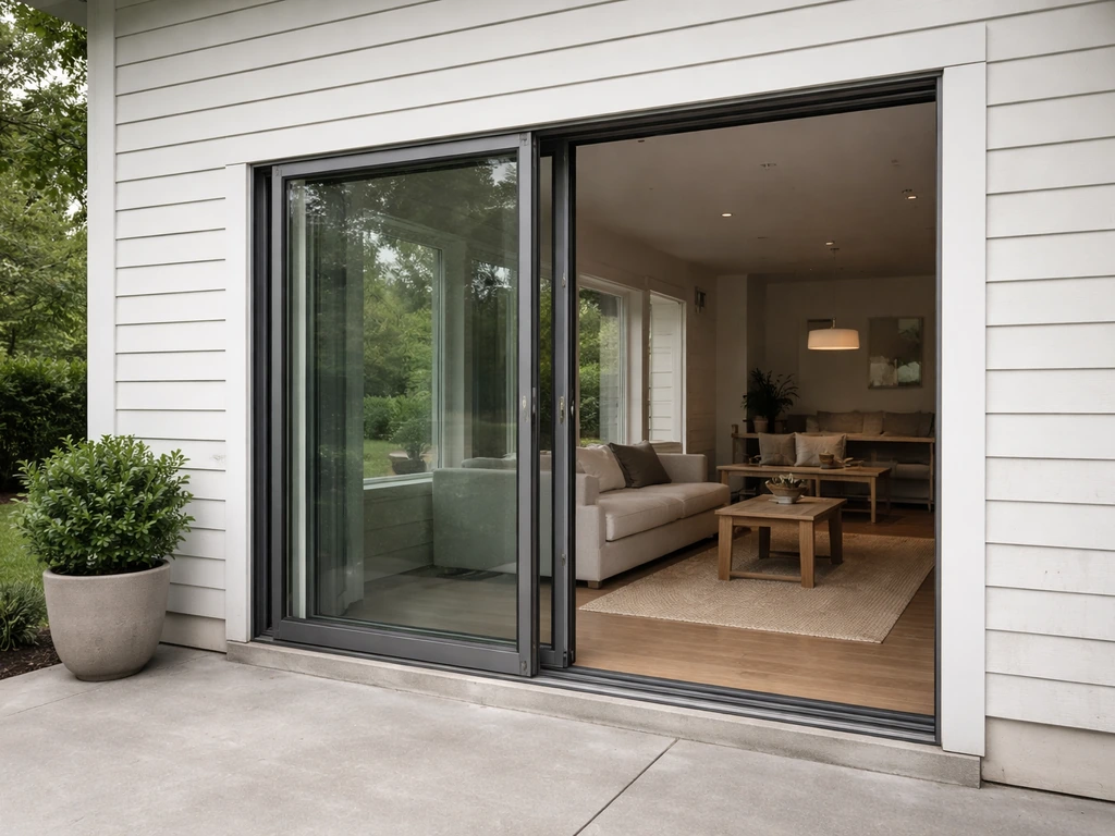 Modern home patio with an open sliding patio door, showing everyday wear context and durability