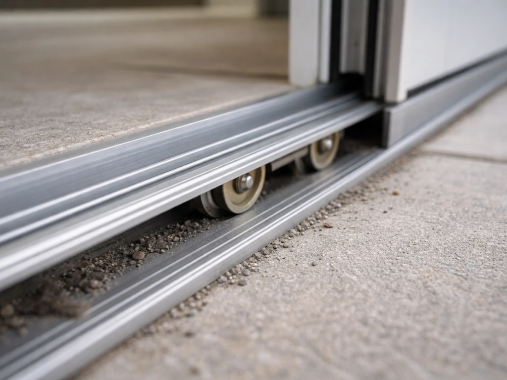 Close-up of a sliding patio door track with rollers and debris-free hardware in natural light