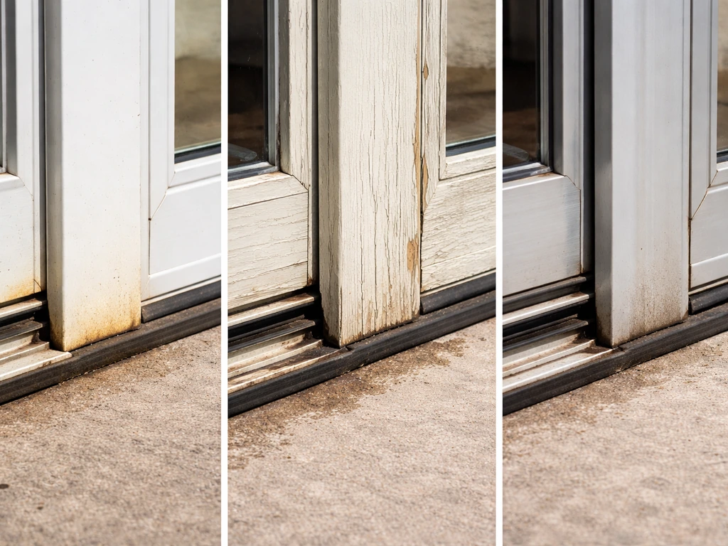 Three patio door samples side-by-side showing sun-faded finishes and stressed weather seals outdoors.
